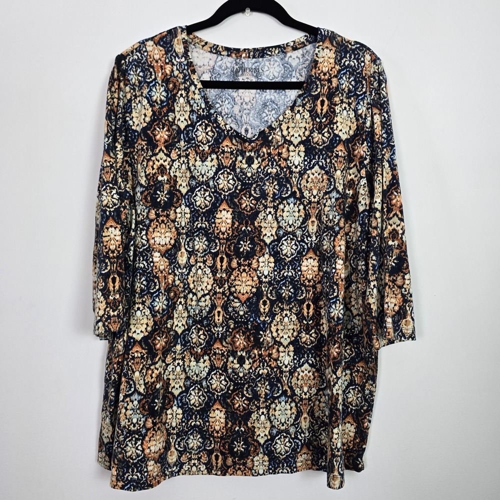 Catherines Tunic Top Women 1X Multicolor Medallion Damask Boho Office Earthy